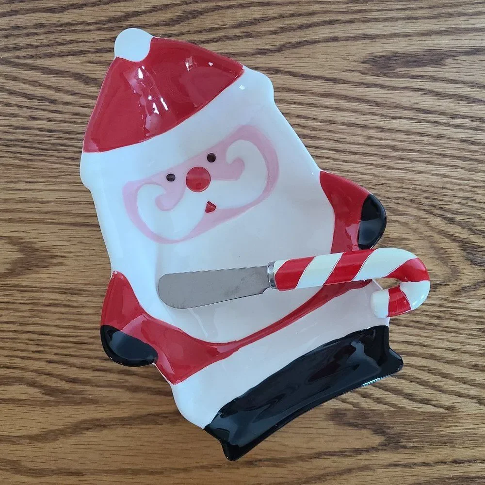 Boston Warehouse Santa Ceramic Serving Dish and Candy Cane Spreader Vintage 2006